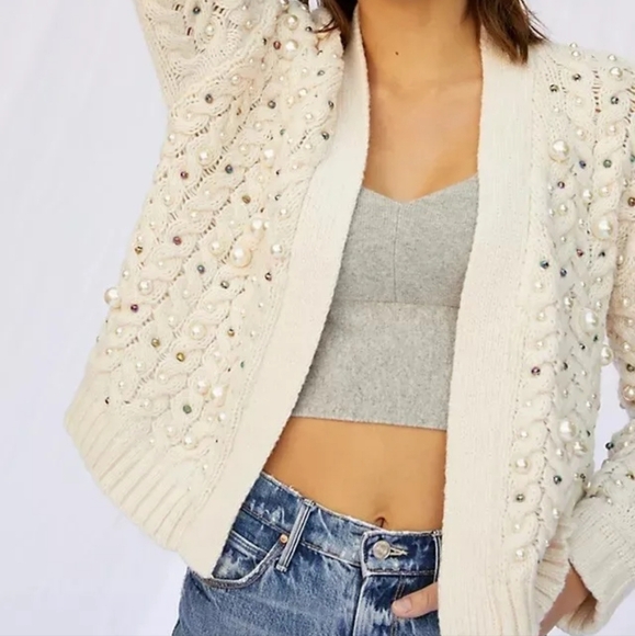 by Anthropologie Ivory Kimono in Things Party Pearl Cardigan One Size - Picture 2 of 16